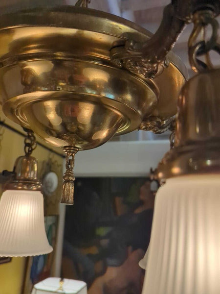 LSBJ - Vintage Neoclassical/ Colonial Revival Brass Plate 4-Light Chandelier 18"DIAx15"H, Indv. On/ Off IN-STORE PICKUP ONLY
