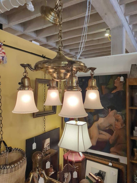 LSBJ - Vintage Neoclassical/ Colonial Revival Brass Plate 4-Light Chandelier 18"DIAx15"H, Indv. On/ Off IN-STORE PICKUP ONLY