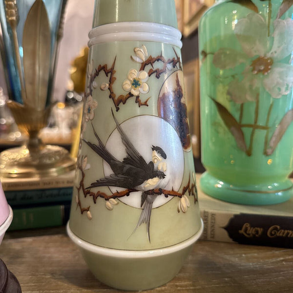 Sage Green Antique Mt. Washington Vase with Birds
