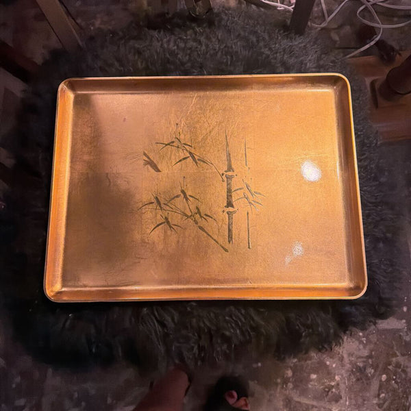 Vintage Asian gold laquered tray with bamboo