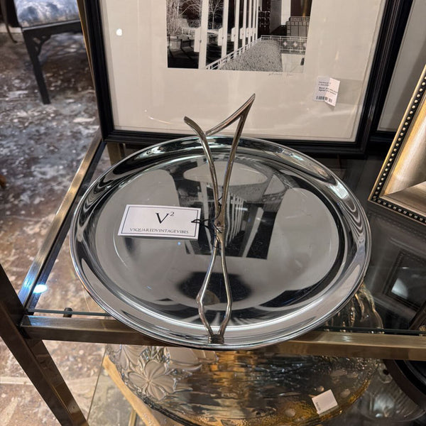 Mid century circular serving plate with brass handle
