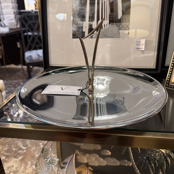 Mid century circular serving plate with brass handle