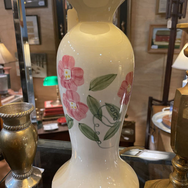 Vintage Ceramic Lamp w/ Pink and Green Hand Painted Florals and Fluted Lamp Shade -- IN STORE PICK UP ONLY