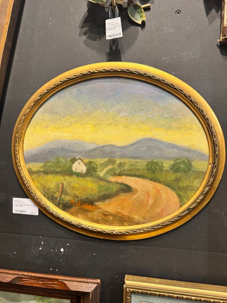 Oval Framed Landscape on Panel Signed 16x13"