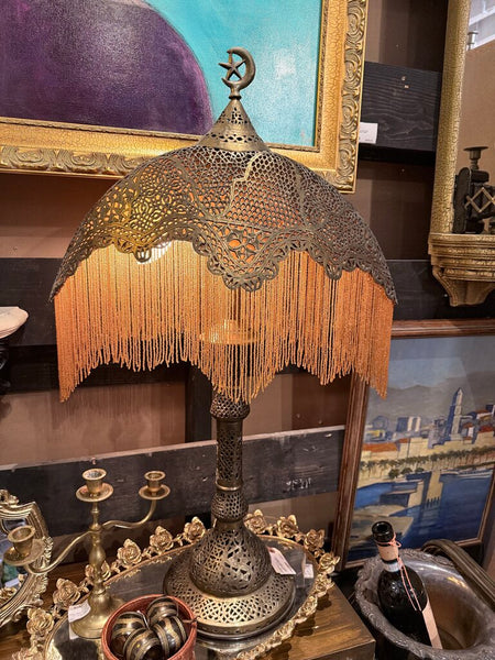 PIERCED BRASS BEADED TURKISH TABLE LAMP 32x18 INSTORE PICKUP