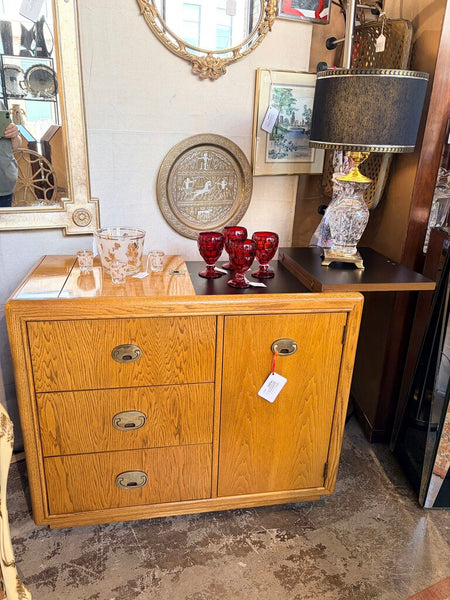 Vintage campaign style oak, and brass rolling bar cart with wonderful storage and fliptop circa 1970 for pick up only approximately 32T by 38W by 18.5 D closed