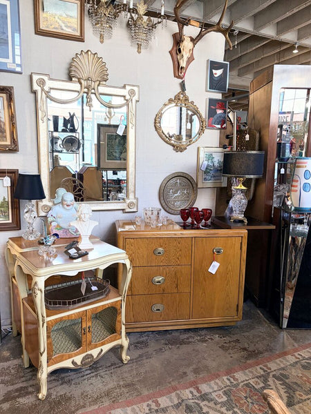 Vintage campaign style oak, and brass rolling bar cart with wonderful storage and fliptop circa 1970 for pick up only approximately 32T by 38W by 18.5 D closed