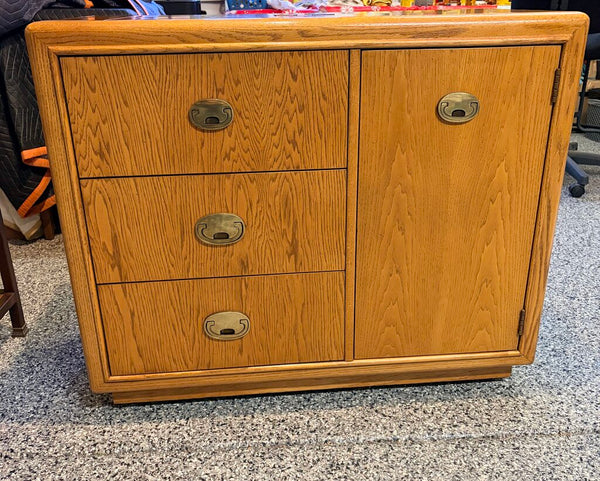 Vintage campaign style oak, and brass rolling bar cart with wonderful storage and fliptop circa 1970 for pick up only approximately 32T by 38W by 18.5 D closed
