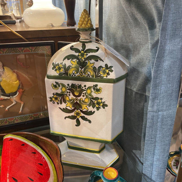 Pair of Vintage Hand Painted Italian Footed Ginger Jar/ Cannisters w/ Green + Yellow Floral Motif-- 13.5" Tall