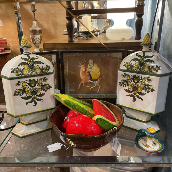 Pair of Vintage Hand Painted Italian Footed Ginger Jar/ Cannisters w/ Green + Yellow Floral Motif-- 13.5" Tall
