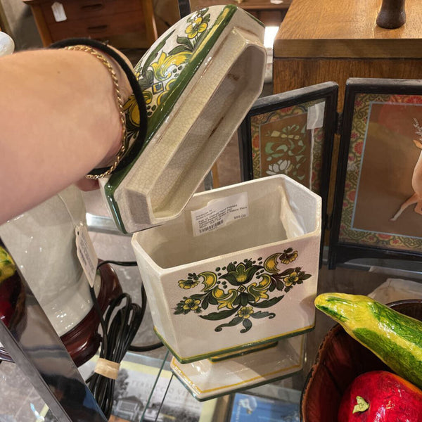 Pair of Vintage Hand Painted Italian Footed Ginger Jar/ Cannisters w/ Green + Yellow Floral Motif-- 13.5" Tall