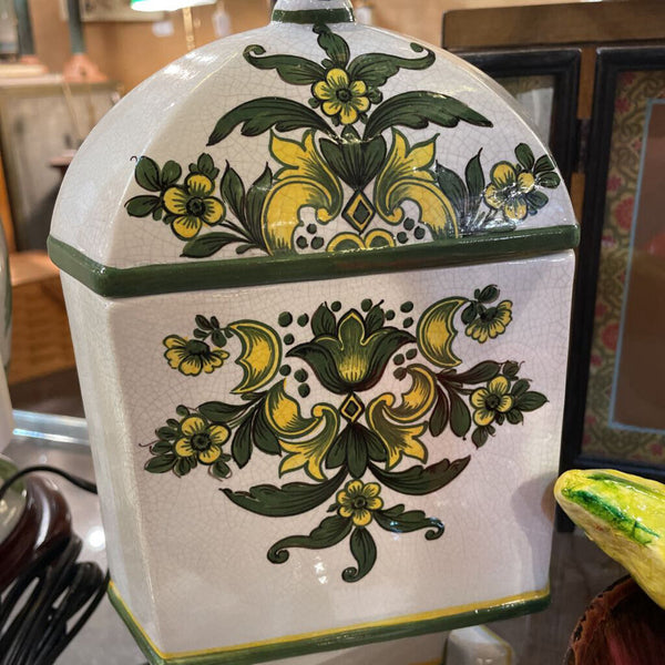 Pair of Vintage Hand Painted Italian Footed Ginger Jar/ Cannisters w/ Green + Yellow Floral Motif-- 13.5" Tall