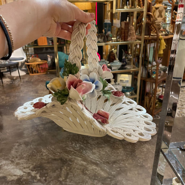 Italian Capodimonte Style Ceramic Woven Basket w/ Handmade Porcelain Florals-- 13" long x 10" tall