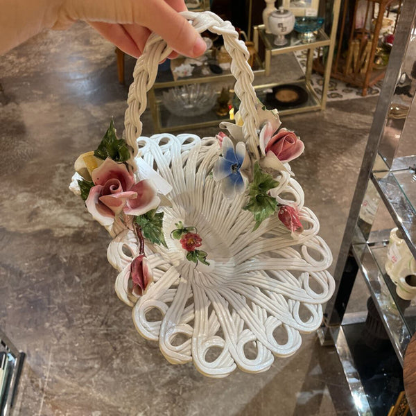 Italian Capodimonte Style Ceramic Woven Basket w/ Handmade Porcelain Florals-- 13" long x 10" tall