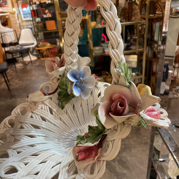 Italian Capodimonte Style Ceramic Woven Basket w/ Handmade Porcelain Florals-- 13" long x 10" tall