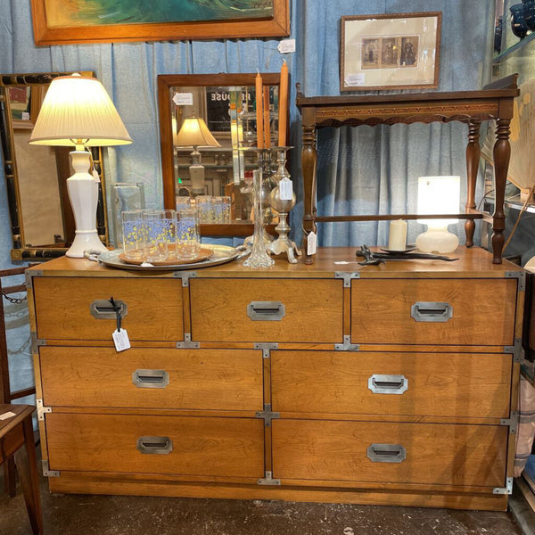 Vintage Bernhardt Campaign Dresser w/ 7 Drawers and Silver Tone Hardware -- 56" Wide, 29" Tall, 18" Deep-- AS FOUND wear consistent with age-- IN STORE PICK UP ONLY