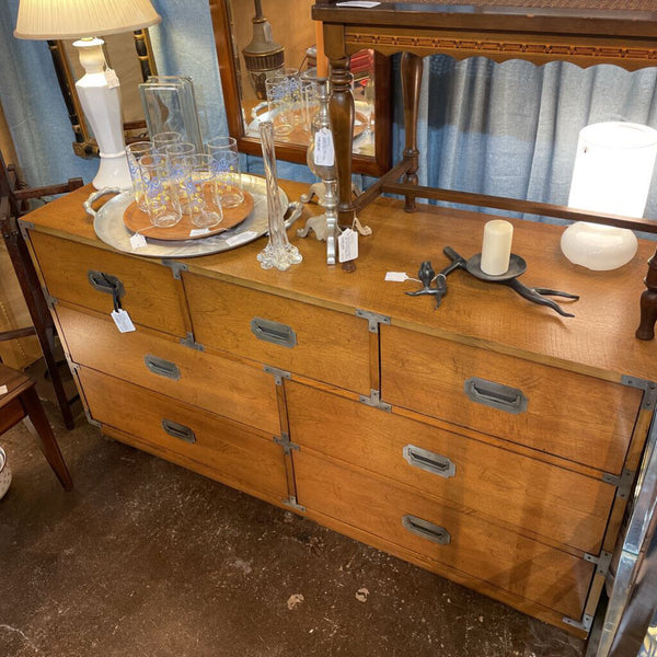 Vintage Bernhardt Campaign Dresser w/ 7 Drawers and Silver Tone Hardware -- 56" Wide, 29" Tall, 18" Deep-- AS FOUND wear consistent with age-- IN STORE PICK UP ONLY