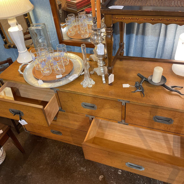 Vintage Bernhardt Campaign Dresser w/ 7 Drawers and Silver Tone Hardware -- 56" Wide, 29" Tall, 18" Deep-- AS FOUND wear consistent with age-- IN STORE PICK UP ONLY