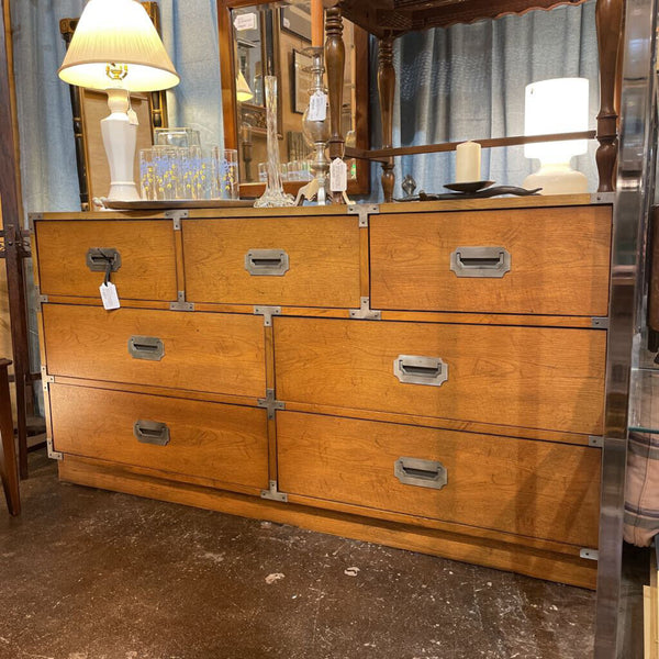 Vintage Bernhardt Campaign Dresser w/ 7 Drawers and Silver Tone Hardware -- 56" Wide, 29" Tall, 18" Deep-- AS FOUND wear consistent with age-- IN STORE PICK UP ONLY