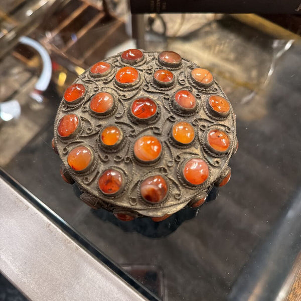 Vintage hinged trinket box with orange stones