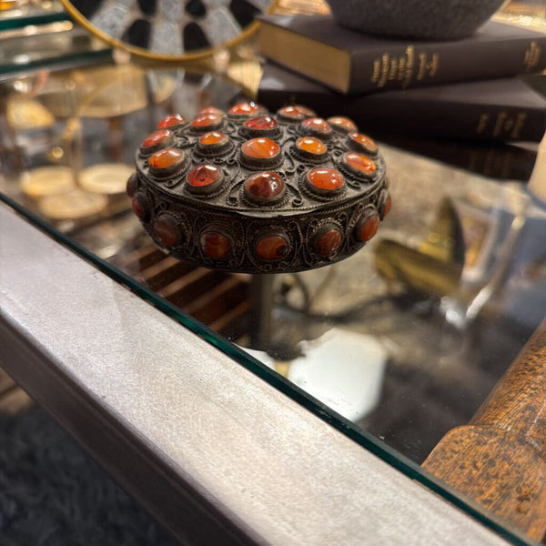 Vintage hinged trinket box with orange stones