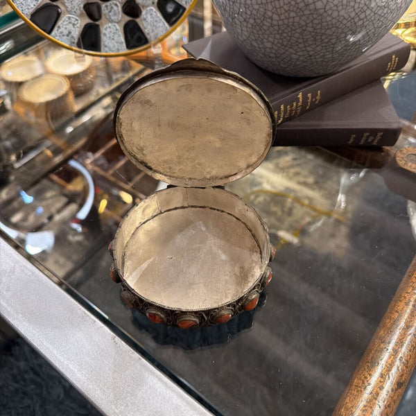 Vintage hinged trinket box with orange stones