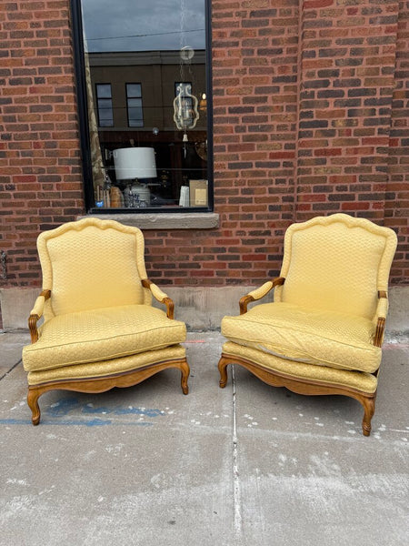 Pair Baker Louis XV Bergere Chairs 39T 36D 36W Fabric Worn