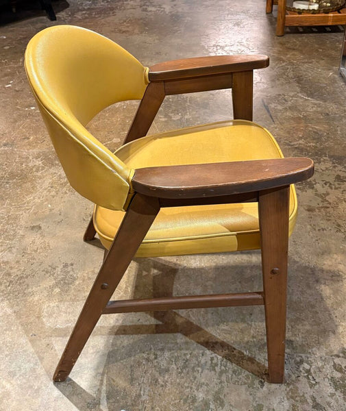 MID CENTURY MADISON FURNITURE OAK CHAIR WITH MUSTARD YELLOW FAUX LEATHER | 31"H X 25.75"W X 22"D
