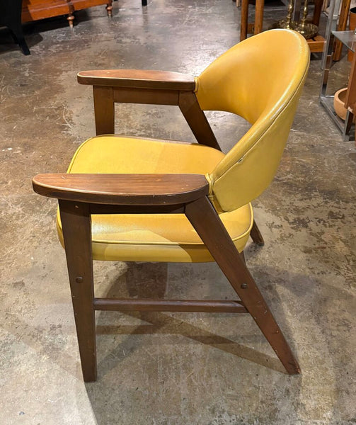 MID CENTURY MADISON FURNITURE OAK CHAIR WITH MUSTARD YELLOW FAUX LEATHER | 31"H X 25.75"W X 22"D