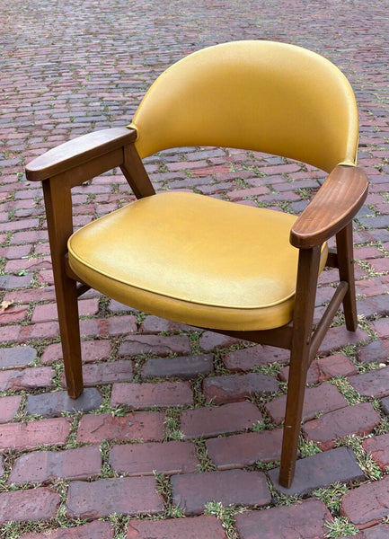 MID CENTURY MADISON FURNITURE OAK CHAIR WITH MUSTARD YELLOW FAUX LEATHER | 31"H X 25.75"W X 22"D