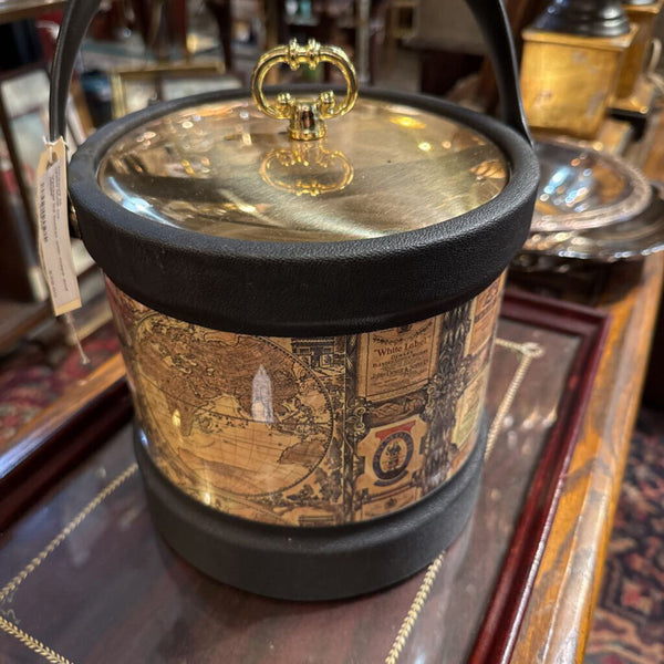 Vintage ice bucket with maps and labels