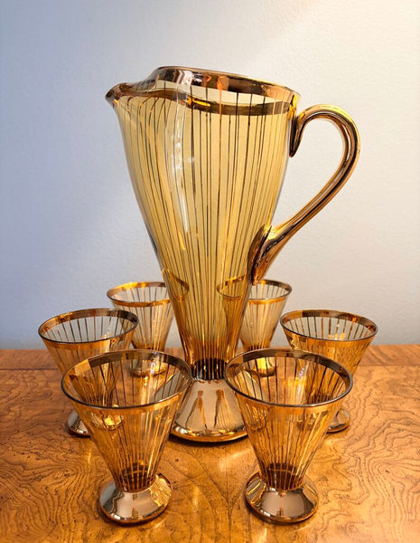 Vintage amber glass and gold detail pitcher with 6 tumblers
