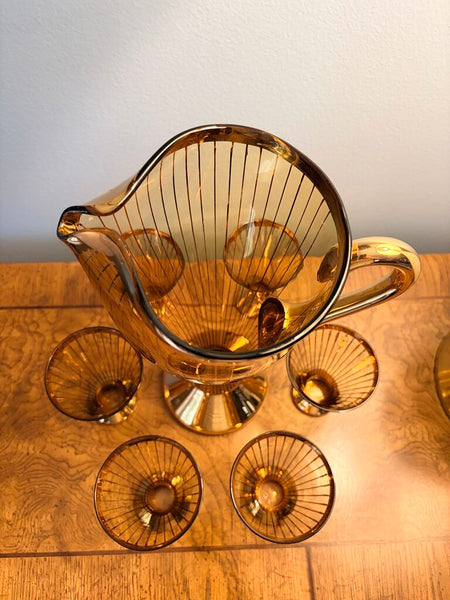 Vintage amber glass and gold detail pitcher with 6 tumblers