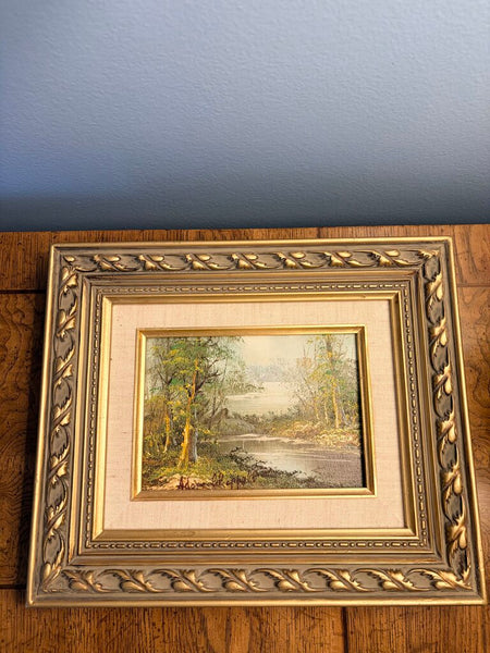 Vintage scenic oil painting in ornate gold leaf frame by Chappell 12.5x10.5