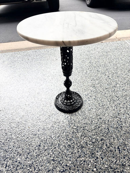 Hollywood Regency marble top drink table with fancy brass base-painted black-for pick up only 18.5t x15