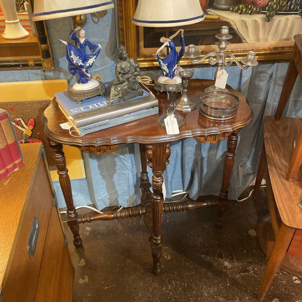 Antique Early 20th Century Wood Parlor Table w/ Turned Legs and Scalloped Detail- 30" Wide, 18" Deep 29.5" tall-- IN STORE PICK UP ONLY