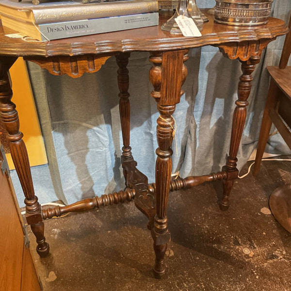 Antique Early 20th Century Wood Parlor Table w/ Turned Legs and Scalloped Detail- 30" Wide, 18" Deep 29.5" tall-- IN STORE PICK UP ONLY