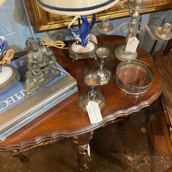 Antique Early 20th Century Wood Parlor Table w/ Turned Legs and Scalloped Detail- 30" Wide, 18" Deep 29.5" tall-- IN STORE PICK UP ONLY