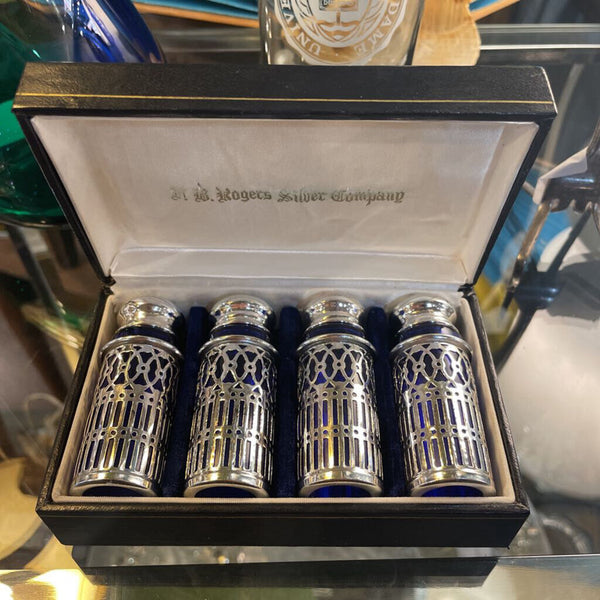 Vintage Silver Plate and Cobalt Blue Glass Set of 4 Salt and Pepper Shakers in Leather Case