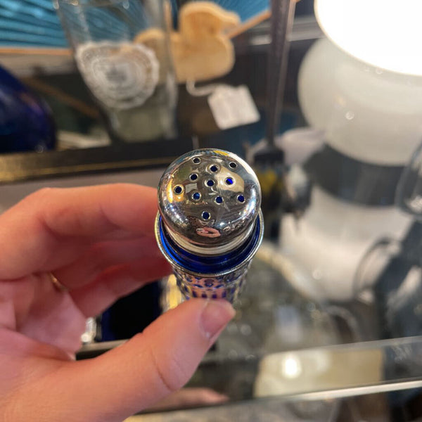 Vintage Silver Plate and Cobalt Blue Glass Set of 4 Salt and Pepper Shakers in Leather Case