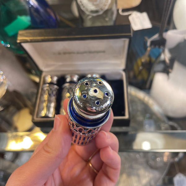 Vintage Silver Plate and Cobalt Blue Glass Set of 4 Salt and Pepper Shakers in Leather Case