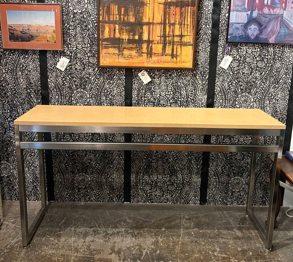 MID CENTURY MODERN CONSOLE TABLE CHROME & WOOD VENEER | 56"W x 30"H x 151/8"D