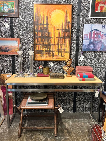 MID CENTURY MODERN CONSOLE TABLE CHROME & WOOD VENEER | 56"W x 30"H x 151/8"D