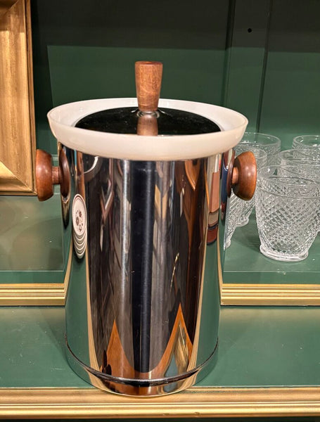 MID CENTURY KROMEX CHROME ICE BUCKET W/WOODEN HANDLE & KNOB