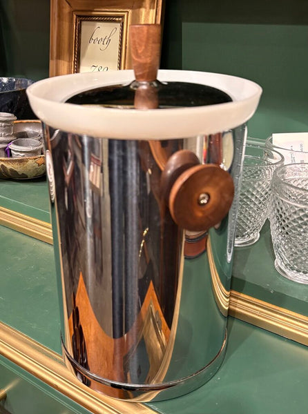 MID CENTURY KROMEX CHROME ICE BUCKET W/WOODEN HANDLE & KNOB