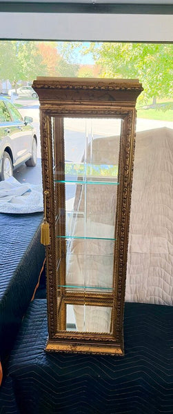 Ornate Italian gold-guilt pedestal display cabinet with Carrera marble top for pick up only approximately 39T by 12 x 12