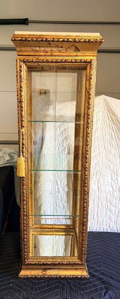 Ornate Italian gold-guilt pedestal display cabinet with Carrera marble top for pick up only approximately 39T by 12 x 12