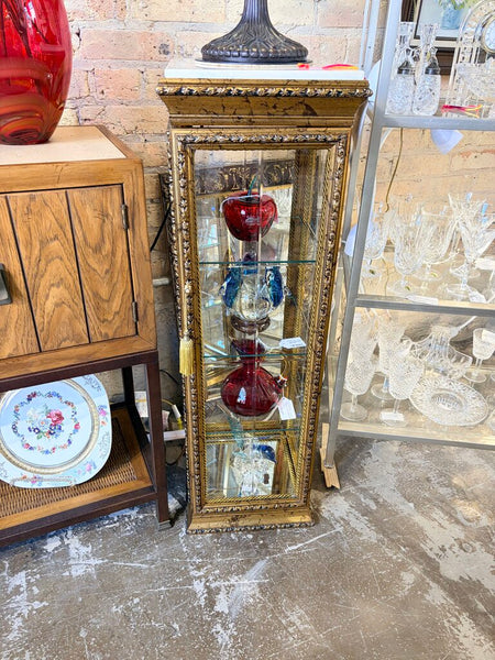 Ornate Italian gold-guilt pedestal display cabinet with Carrera marble top for pick up only approximately 39T by 12 x 12