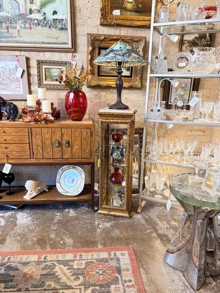 Ornate Italian gold-guilt pedestal display cabinet with Carrera marble top for pick up only approximately 39T by 12 x 12