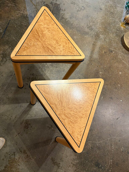 Triangular postmodern birdseye maple tables -a pair